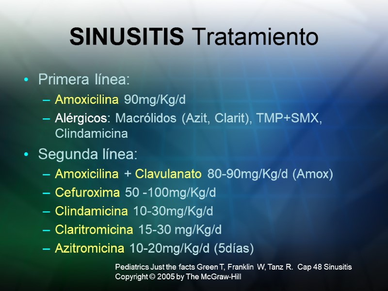 SINUSITIS Tratamiento Primera línea:  Amoxicilina 90mg/Kg/d Alérgicos: Macrólidos (Azit, Clarit), TMP+SMX, Clindamicina Segunda